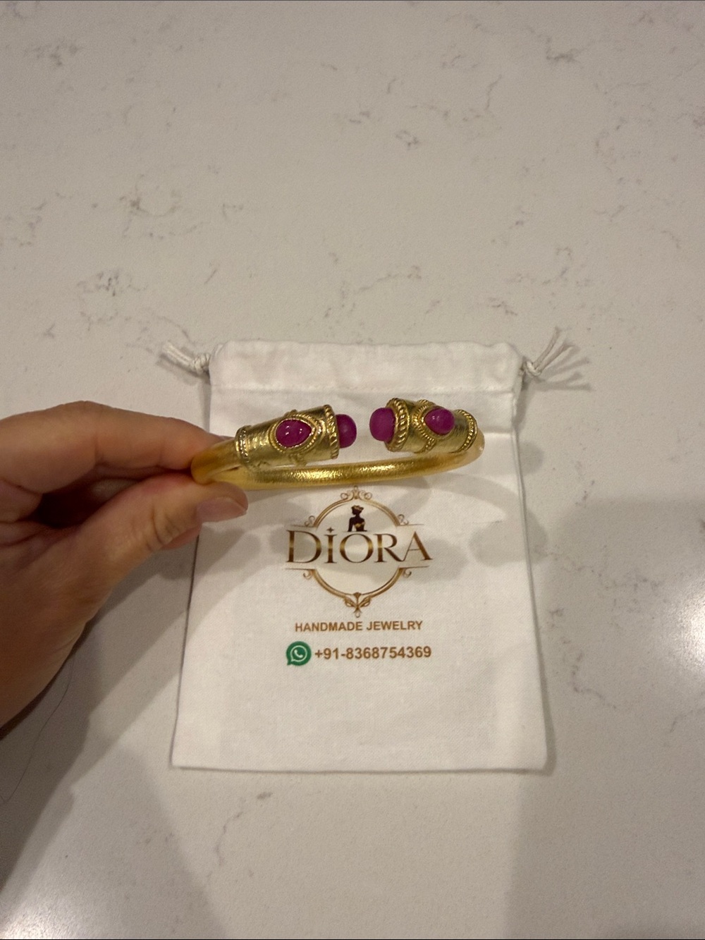 Diora Gold Open Cuff Bracelet with Pink Cabochons
